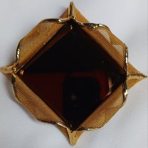 VTG Mesh flower mirror square brooch gold tone